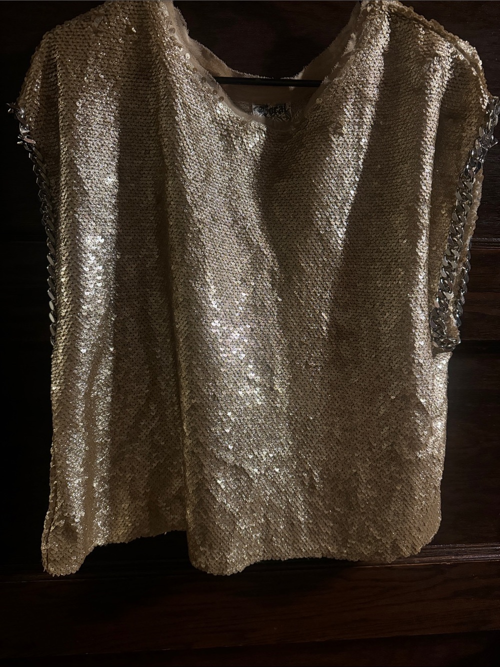 Vocal Gold Sequin Sleeveless Top with Chain Trim, Size Small